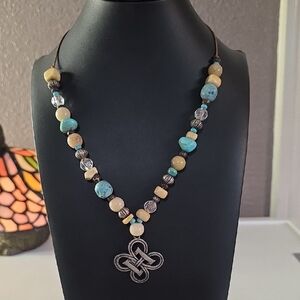 Turquoise and Cream Beaded Knot Pendant Necklace - Women Jewelry